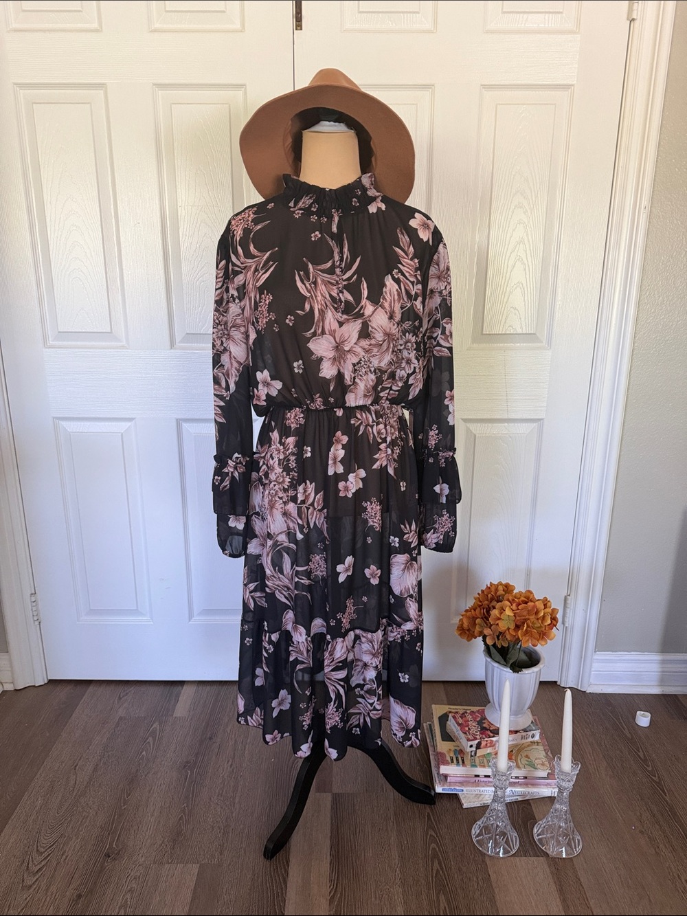 Ruffled High-Neck dark floral dress long sleeve transparent